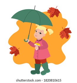 Vector image. Autumn time. The girl collects mushrooms. A child in rubber boots holds an umbrella in his hand.