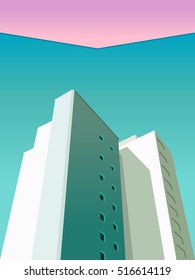 Vector image of avant-garde minimalist picture houses, view from below. Turquoise sky pink sky. Multistory model house, the windows, the roof. skyscrapers view from below