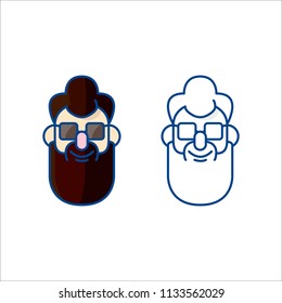 The vector image of an avatar of a man with a beard and glasses. Flat design. Set of 2 images - color and monochrome.