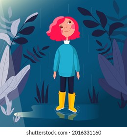 Vector image of baby illustration A girl with red hair in yellow rubber boots walks in the rain in the forest