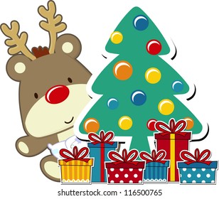 vector image of baby rudolph and christmas gift boxes