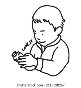 It is a vector image of a baby smiling happily while looking at his favorite yogurt.