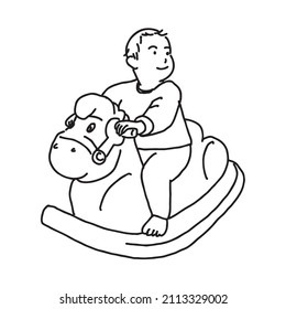 It is a vector image of a baby smiling at the sky while riding a toy horse.