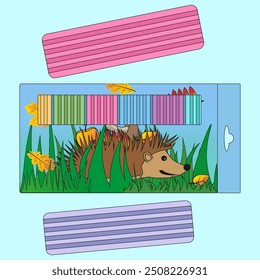 Vector image of back to school art supplies with a hedgehog illustration, featuring colorful modeling clay in a playful, educational design. Plasticine