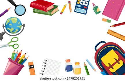 Vector image of "Back to School" template. Greeting "Welcome back to school" with elements of school supplies, textbooks, pencils, backpack, magnifying glass, globe, calculator. 