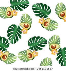 vector image background with half avocado and tropical green foxes, summer succulent design png