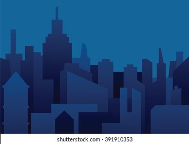 Vector image of a background of night city. Night city in dark blue tones. Flat style. Silhouettes of buildings on a dark blue night background. Vector illustration of night city background.