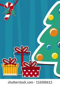 vector image background with pine tree and gift boxes, copy space for christmas card