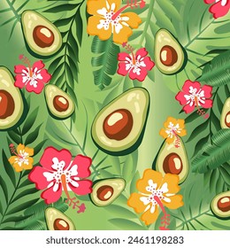 vector image background with tropical leaves and juicy avocado slices, tropical flowers png
