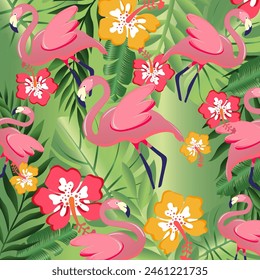 vector image background with tropical leaves and pink flamingos png summer print