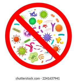 Imagen vectorial del signo de prohibición bacteriana. Bacterias patógenas, virus y microbios. Microbios coloreados y diversos tipos de bacterias. Un elemento de diseño para un sitio web y aplicaciones. No hay bacterias.