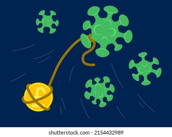 Vector image of bacteria of the virus COVID-19 and pound coin. Coronavirus impact on the currency. Economic crisis, decrease in financial savings. Expensive treatment. Fall economy