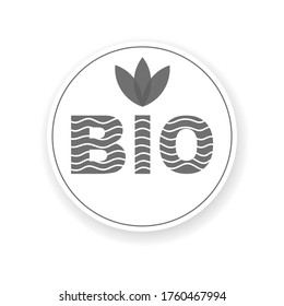 Vector image of a badge, stamp, icons with the inscription BIO with a pattern of wavy lines and leaves at the top of gray. Logo template in a circle on a white background, identity for business.