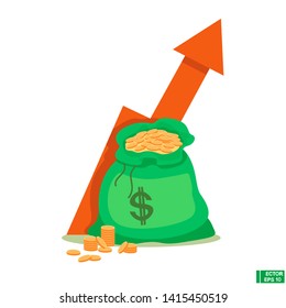 Vector image. Bag of money, gold coins, financial growth. Up arrow.