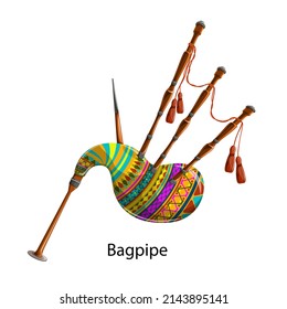 Vector image of a bagpipe in bright colors and tassels on a white background. In cartoon style. Concept. EPS 10