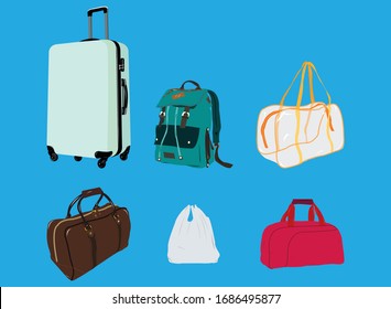 Vector image of bags. A suitcase on wheels, a sports bag, a bag and a backpack.