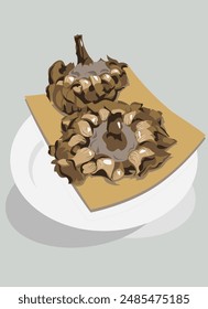 Vector image of a baked artichoke on a serving plate. Healthy and wholesome food, something new, vegetables.