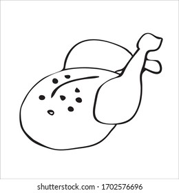 Vector image of baked chicken for easter and christmas. Gala dinner with grilled chicken. For coloring, menu design, a site with ready-made dinners and food delivery. Actually under quarantine.