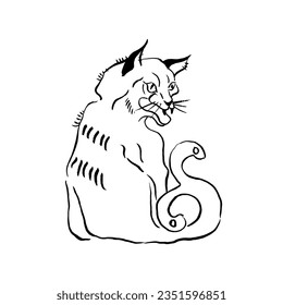 Vector image of Bakeneko youkai. Demon cat with double tail. Black on white. Drawing, calligraphy, doodle, hand drawing. Legends, fairy tales, Japanese folklore, monster, Halloween. Eps10