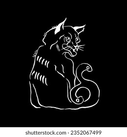Vector image of Bakeneko youkai. Demon cat with two tails. White on black. Drawing, calligraphy, doodle, sketch. Legends, fairy tales, Japanese folklore, monster, Halloween. Eps10