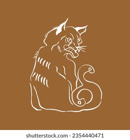 Vector image of Bakeneko youkai. Demon cat with two tails. White on beige. Drawing, calligraphy, doodle. Legends, fairy tales, Japanese folklore, Halloween. Eps10