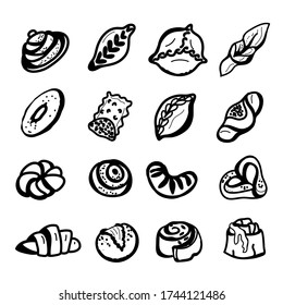 Vector image of a baking set drawn by hand in black outline. Pies, rolls, bagel, juicy, croissant and other pastry on a white background.