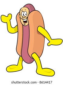 vector image of a bald happy man dressed in a hot dog suit, striking a pose
