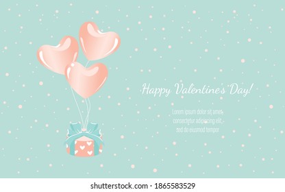 Vector image of balloons of hearts and boxes with a gift. Template for postcards, flyers, banners. Congratulations on Valentine's Day.