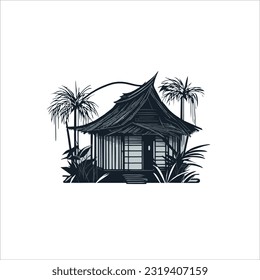 vector image of bamboo house, black, white background.