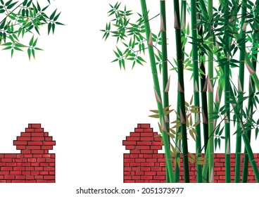 vector image of a bamboo tree on a white background and decorated with a brick wall. use for articles, backgrounds, captions etc. background color can be changed as desired. bricks can be removed