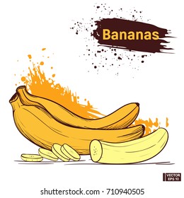 Vector image. Banana, colors in hand drawing style. Colored blots and splashes, yellow.