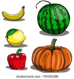 Vector image of banana, pumpkin, pepper, watermelon, lemon