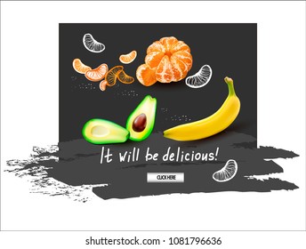 Vector image of a banana.avocado.mandarin.Realistic food.Vector image for sale of fruits for shops. A picture for price tags, advertising posters, leaflets.