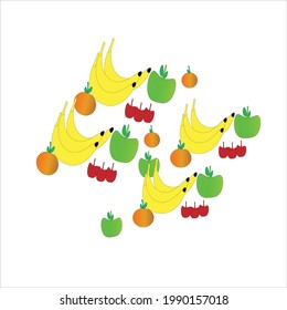 Vektorbild von Bananen, Orangen, Kirschen und Äpfeln auf weißem Hintergrund