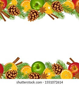 Vector image banner Christmas ornament made of christmas tree branches, apples, orange, cones, cinnamon, clove. Ornament for decorating cards. Festive mood. Place for text on a white background.