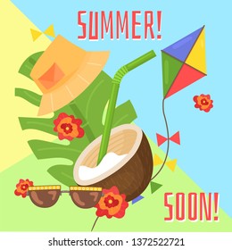 Vector image, banner Hello summer. Summer time. Modern promotion square web banner for social media mobile apps. Email ad newsletter layouts. Vector summertime concept. Beach vacation, fun background.