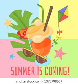 Vector image, banner Hello summer. Summer time. Modern promotion square web banner for social media mobile apps. Email ad newsletter layouts. Vector summertime concept. Beach vacation, fun background.