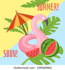 Vector image, banner Hello summer. Summer time. Modern promotion square web banner for social media mobile apps. Email ad newsletter layouts. Vector summertime concept. Beach vacation, fun background.