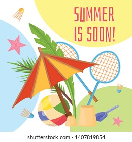 Vector image, banner Hello summer. Summer time. Modern promotion square web banner for social media mobile apps. Email ad newsletter layouts. Vector summertime concept. Beach vacation, fun background.
