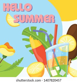 Vector image, banner Hello summer. Summer time. Modern promotion square web banner for social media mobile apps. Email ad newsletter layouts. Vector summertime concept. Beach vacation, fun background.