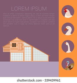 Vector image of a banner with hen house and domestic birds