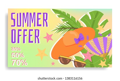 Vector image, banner with summer sale offer. Hot summer spirit sale. Special discount offer. Summertime sale banner. Beach vacation, fun, sunbathing. Vector ad flyer. Discount modern promo web banner