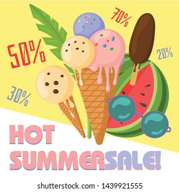 Vector image, banner with summer spirit, summer sale. Hot summer sale. Special offer. Summertime sale banner. Beach vacation, fun, sunbathing. Vector summer concept. Discount modern promo web banner