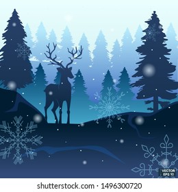 Vector image. Banner winter landscape. Deer on a background of forest and snow. Dark silhouettes on the light.