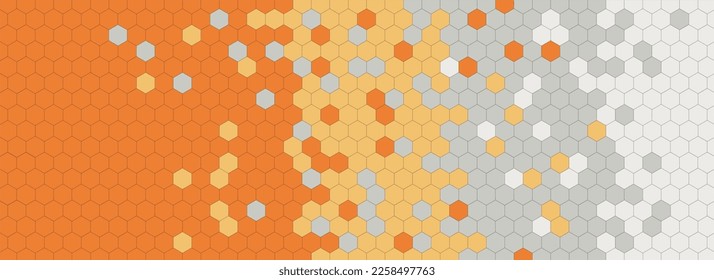 Vektorbild für Banner mit einem Farbverlauf von weiß-grau-orange gezeichnet mit einem geometrischen Muster von regulären Hexagons.