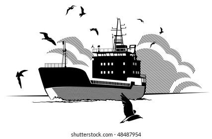 Vector image of a barge surrounded with sea gulls