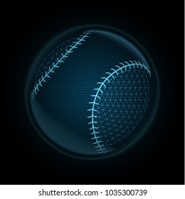 Vector image of a baseball ball made of illuminated shapes. Illustration consisting glowing lines, points and polygons in the form of a ball for softball. Abstract 3D neon wireframe concept.