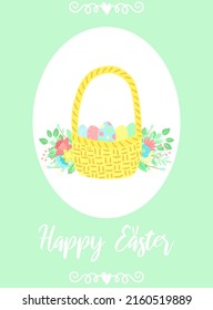 Vector image of a basket of eggs with flowers and leaves, decorations and an inscription. Hand-drawn Easter illustration for spring happy holidays, summer, greeting card, poster, banner, children