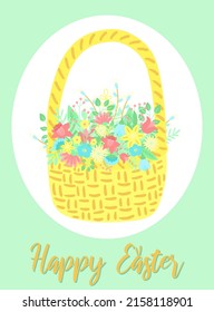 Vector image of a basket of flowers and leaves in the frame on the green background. Hand-drawn Easter illustration for spring happy holidays, summer, greeting card, poster, banner, children
