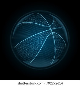 Vector image of a basketball ball made of illuminated shapes. Sport illustration consisting glowing lines, points and polygons in the form of a ball for streetball. Abstract 3D neon wireframe concept.